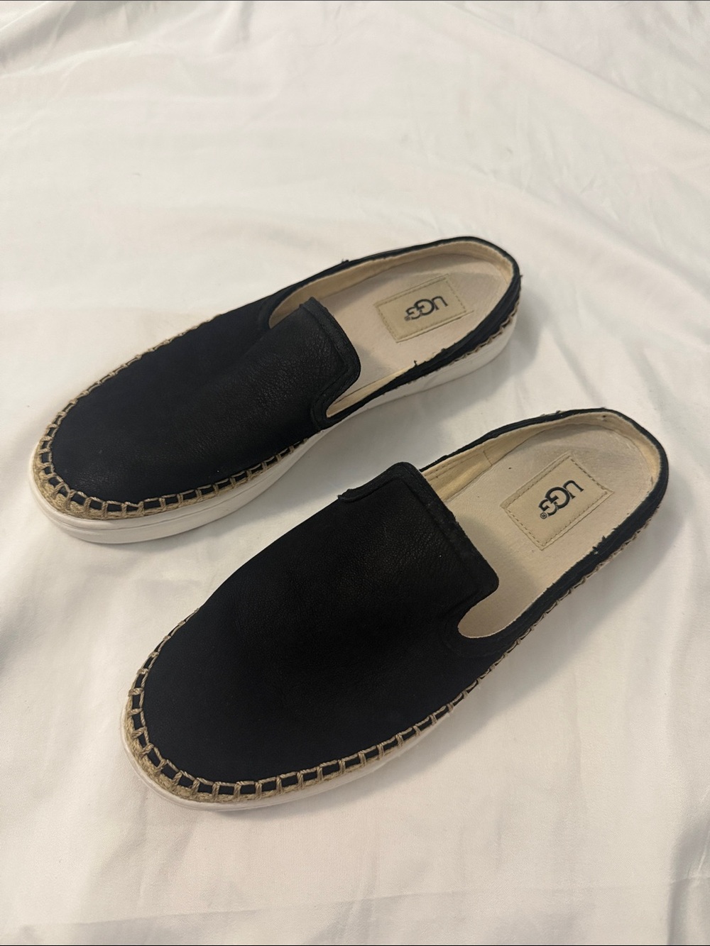 UGG Black Slip-On Espadrille Mule with Natural Stitch Trim